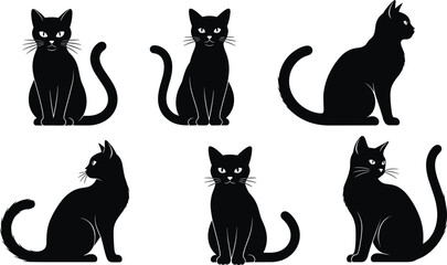 Collection of black cat silhouette vector icons, sitting and looking kitten poses, dark feline shapes for halloween decoration graphic design © MdAminur