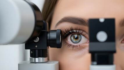 Naklejka premium Closeup of a patients eye undergoing an examination with specialized ophthalmic equipment.