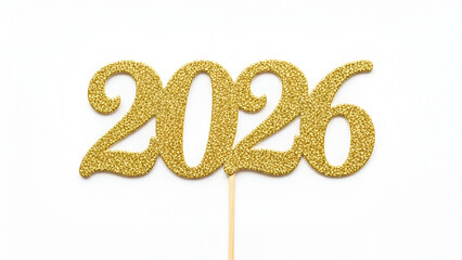Shiny gold glitter text 2026 cake topper on stick isolated on white new year celebration decoration party accessory