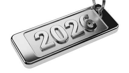 Chrome metal plate sign 2026 shiny reflective silver industrial typography new year date background