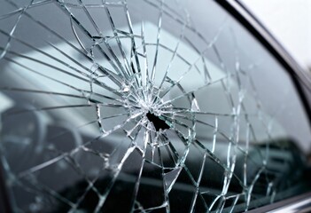 Close-up of a broken car side window, featuring a sharp impact point and radiating spiderweb cracks, suggesting vandalism or an accident.