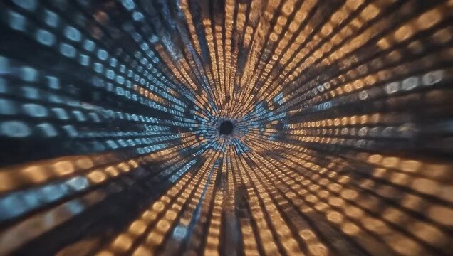 Digital tunnel of binary code with orange and blue lights creating a futuristic data stream effect with abstract patterns and motion blur
