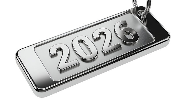 Chrome metal plate sign 2026 shiny reflective silver industrial typography new year date background