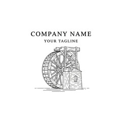 Vintage hand drawn watermill logo design illustration. © Budi