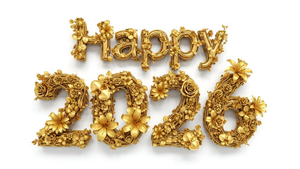 Sparkling gold glitter balloon foil numbers spelling happy 2026 new year holiday banner design