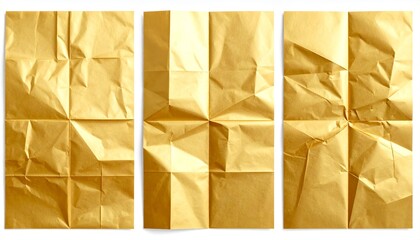 Set of three crumpled golden paper textures on white background, abstract shiny gold foil backgrounds with wrinkles and folds, perfect for design elements or luxury concepts.