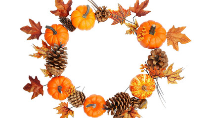autumn wreath with pumpkins pinecones and leaves on white background