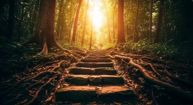 A serene journey up ancient stone steps bathed in golden sunlight, winding through a vibrant, mystical forest with intertwined tree roots, symbolizing growth and discovery.