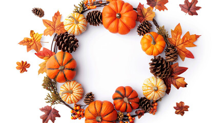 autumn harvest wreath frame with pumpkins and pinecones
