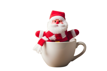 Santa claus toy in a white cup isolated on transparent background for christmas