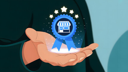 Celebrate top local business success with five star award ribbon in hand