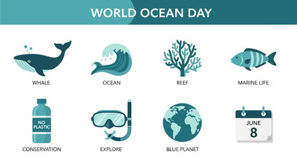 Graphic illustrating eight icons related to World Ocean Day including a whale wave reef fish bottle snorkel globe and calendar