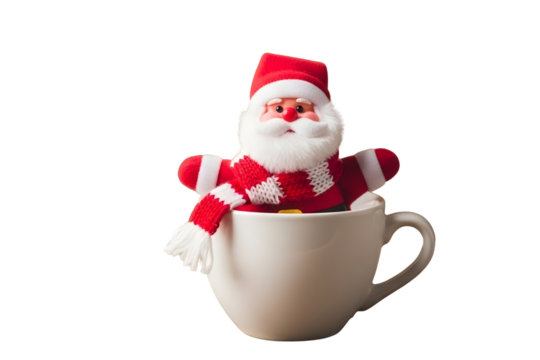 Santa claus toy in a white cup isolated on transparent background for christmas