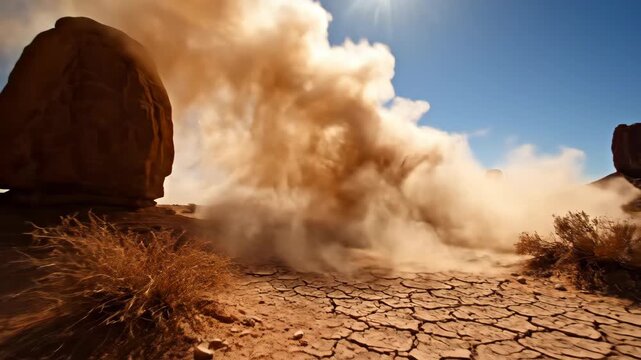 Desert Landscape With Dust Devil Whirlwind And Dry Cracked Earth Under Bright Sun