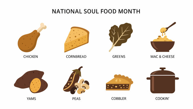 Graphic illustrating eight soul food items for National Soul Food Month