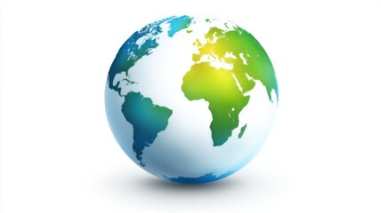 Flat globe icon illustration showing simplified world map in blue and green tones, clean minimalist earth symbol for web design, apps, user interfaces, infographics, and global communication concepts