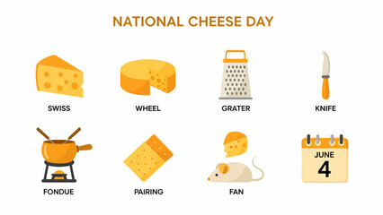 National Cheese Day graphic showing cheese types tools pairing mouse and date