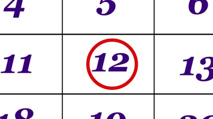 Calendar of october month 12th day is red circled,looped animation.A very important date in the calendar.Signing a day on a calendar.