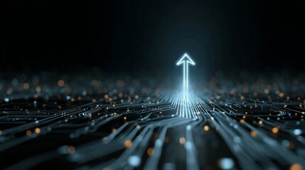 an abstract concept of digital advancement. a glowing arrow points towards a field filled with interconnected lines, symbolizing connectivity and progress in technology