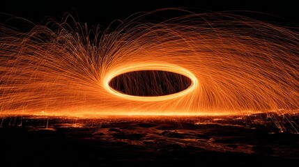 an image of a fiery display where sparks are flying from a source, creating an intense effect with bright orange red hues against a dark background