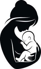 Beautiful black silhouette of a mother holding her newborn baby with love isolated on a white background for maternity concept