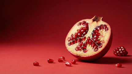 A vibrant still life of a halved pomegranate on a deep red background, showcasing glistening ruby seeds and rich natural texture