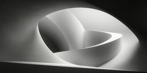 Curved abstract architectural interior with smooth flowing white surfaces and soft shadows creating a sense of fluidity and calmness