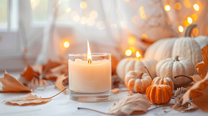 autumn candle with pumpkins and glowing festive lights