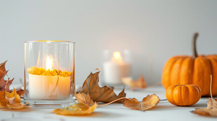 cozy autumn candle with fall leaves and warm seasonal decor