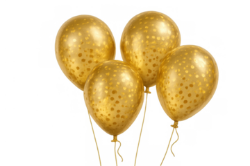 Golden balloons with confetti dots floating, celebrating success, luxury and festive events, transparent background
