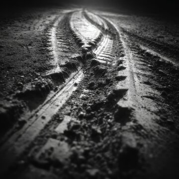 a close up view of two sets of tire tracks in what appears to be muddy conditions, likely taken at night due to the darkness enveloping the scene