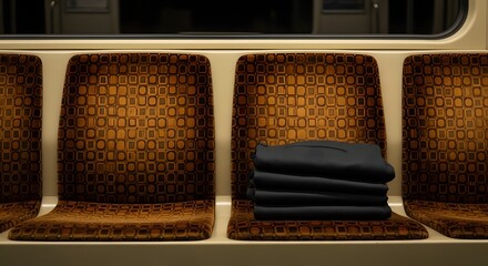 Neatly folded dark trousers placed on a patterned empty metro seat for a quirky No Trousers Ride concept in urban public transport