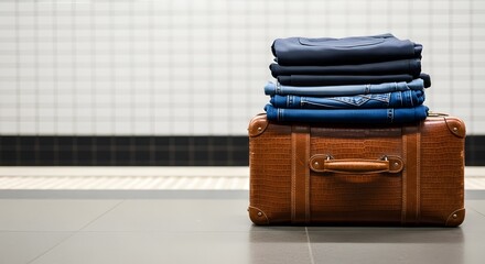 Folded pants and jeans neatly stacked on a vintage leather suitcase for journey preparation concept, ready for a 'No Trousers Ride' adventure