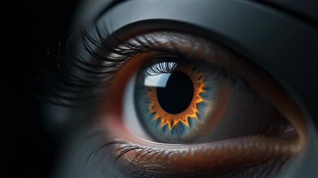 Close-up of a futuristic human eye with a unique sunburst pattern around the pupil, featuring blue-grey iris and dark surroundings.