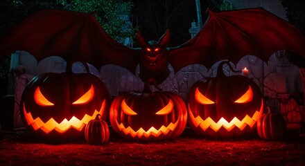 Eerie Halloween night scene featuring illuminated jack-o'-lanterns and a menacing bat decoration.
