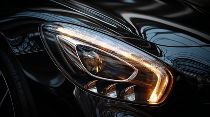 Fototapeta premium an extreme close up view of a car's front right headlight, capturing the intricate detailing and illumination of the vehicle