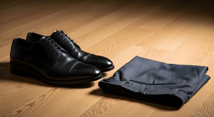 Elegant black leather dress shoes and folded pinstripe trousers on a warm wooden floor, symbolizing formal attire for a business concept, or preparation for a unique 'no trousers ride' event
