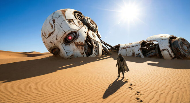A Lone Wanderer Encounters the Gigantic, Weather-Beaten Remnants of a Fallen AI Robot in the Desolate Desert Sands