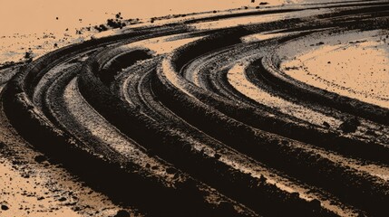 a close up view of tire tracks in what appears to be muddy conditions. the tracks are deeply imprinted with a series of parallel lines, indicating recent vehicle movement through this area