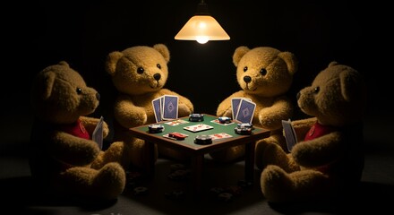 Four teddy bears are engaged in a tense, dimly lit poker game under a warm, focused light.