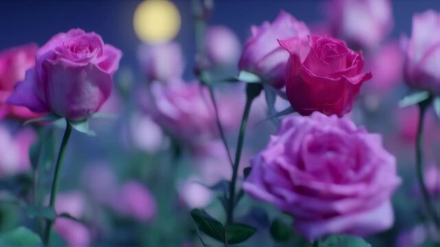 A profusion of vibrant, purple-pink roses at night, bathed in soft moonlight