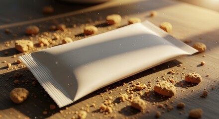 A crumpled white snack pouch lies on a wooden surface surrounded by crumbs and debris in warm lighting.