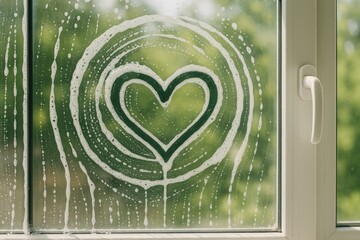 Heart drawing on a soapy window pane with green foliage blurred outside, clean window, home care