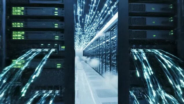 Close Up Of Fiber Optic Cables Glowing In A Server Room With Rows Of Data Racks