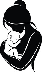 Black silhouette of a loving mother holding her newborn baby in arms isolated on a white background for maternity logo