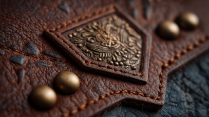 an exquisite handcrafted leather pocketbook with a detailed embossing of a shield adorned with a bird motif