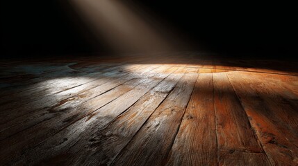 an interior view of a wooden floor stage. the photograph captures the light pouring from a side window onto the worn wood surface, creating a warm, inviting ambiance