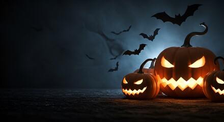 Spooky Halloween night scene with glowing carved pumpkins and bats flying through the night sky.