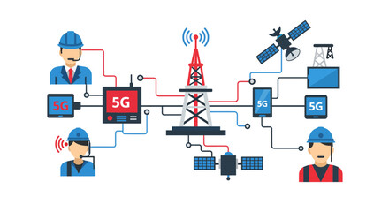 Innovative 5G network connecting workers, devices, and communication towers for fast, reliable data transfer and seamless connectivity solutions