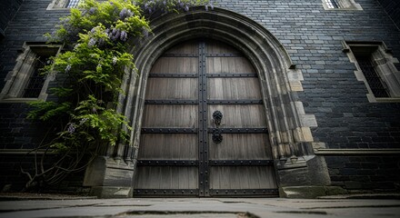 Massive arched wooden door with metal details and wisteria on a aged stone building facade.